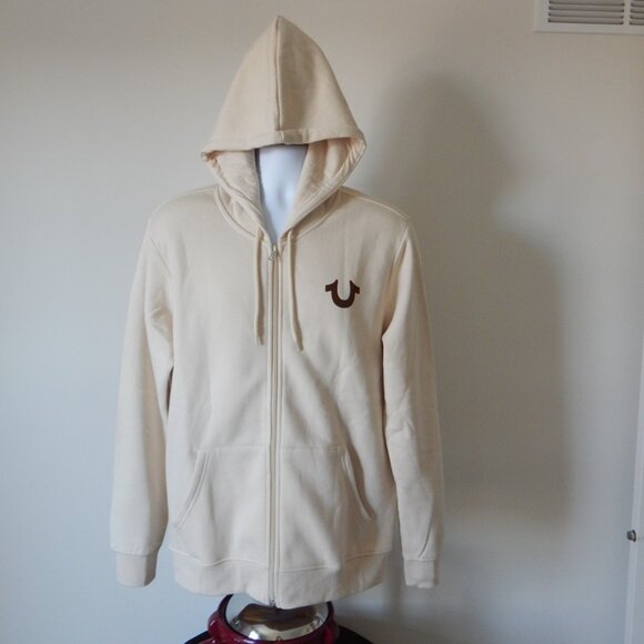 True Religion Men’s Solid SRS Full Zip Fleece Hoodie Jacket Light Beige LRG NWT - Picture 7 of 9